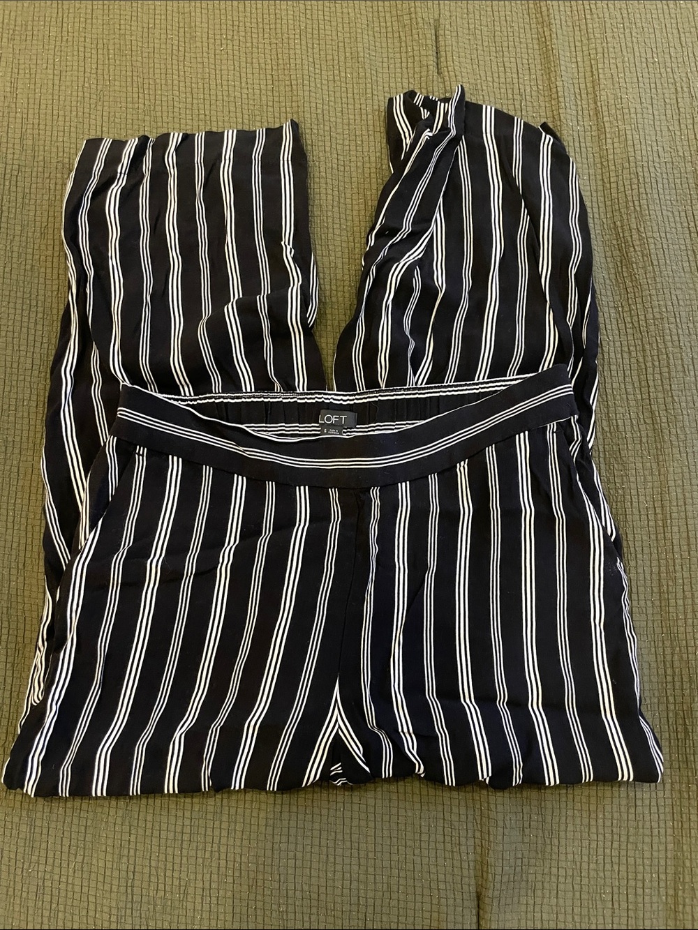 LOFT Black and White Striped Wide-Leg Jumpsuit